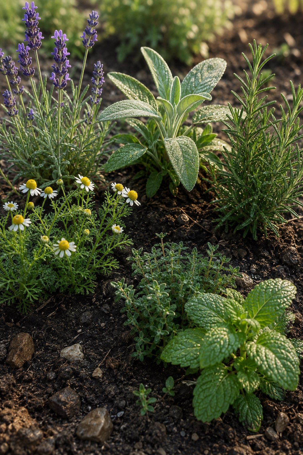 Lavender, sage, rosemary, chamomile, thyme and mint growing in dark soil