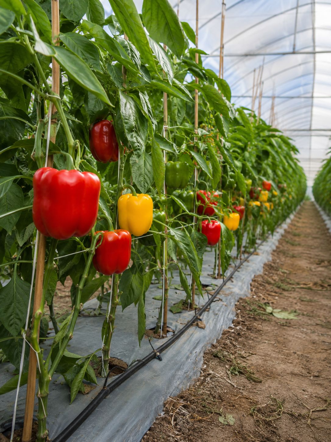 Bell peppers on the vine / greenhouse row
