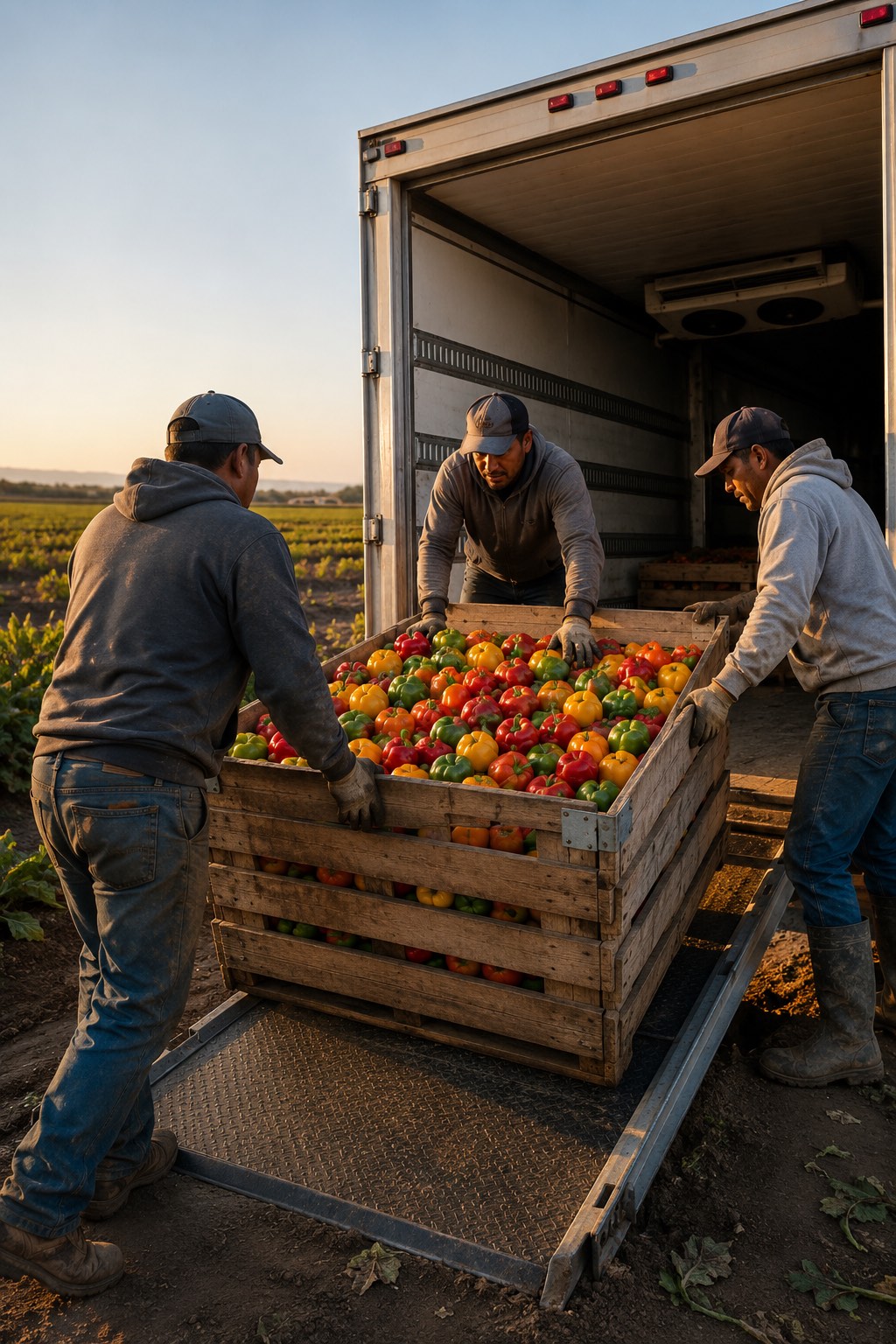 Farm workers loading a crate of red, yellow and green bell peppers into a refrigerated truck at dusk